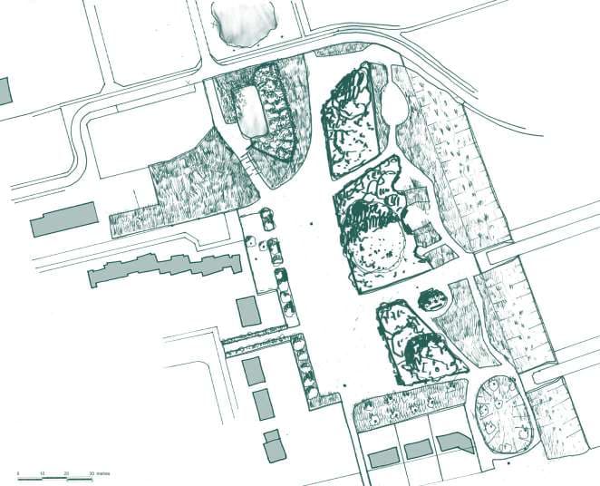 Plan du projet, réalisé lors de l’esquisse, février 2013. L’ouverture centrale met en valeur les coteaux Nord et Sud du Loir. Les ouvertures Est-Ouest connectent le quartier existant et les futures habitations de la ZAC du centre-bourg.